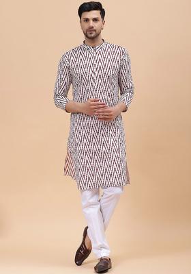 Maroon Printed Cotton Kurta Set For Men