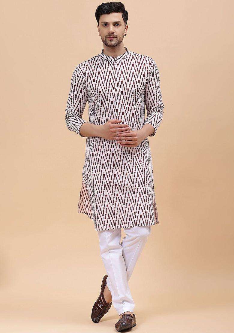 Maroon Printed Cotton Kurta Set For Men - Indya