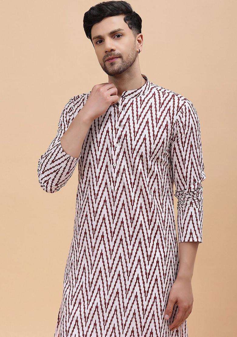 Maroon Printed Cotton Kurta Set For Men - Indya