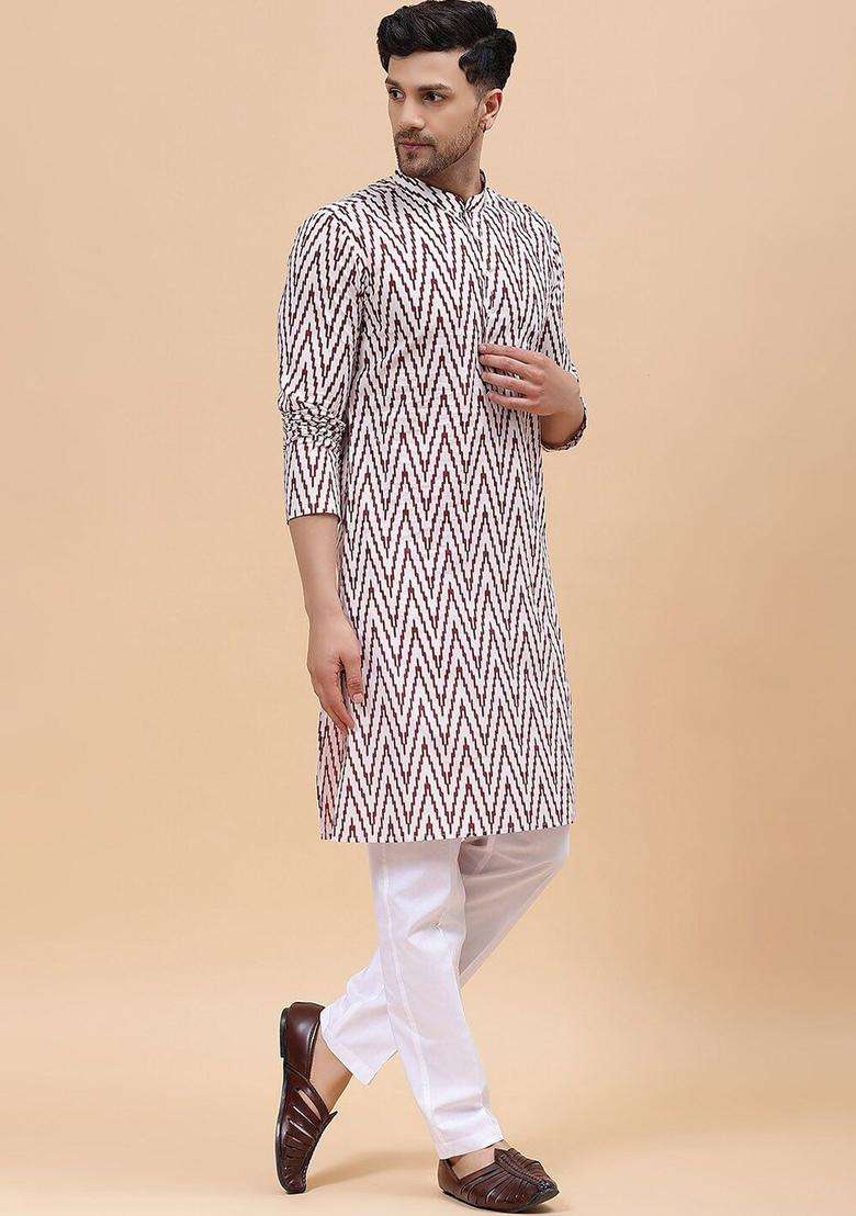 Maroon Printed Cotton Kurta Set For Men - Indya