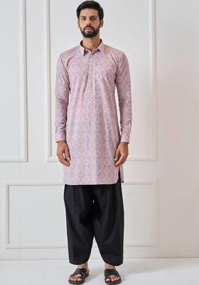 Beige Printed Cotton Kurta Set For Men