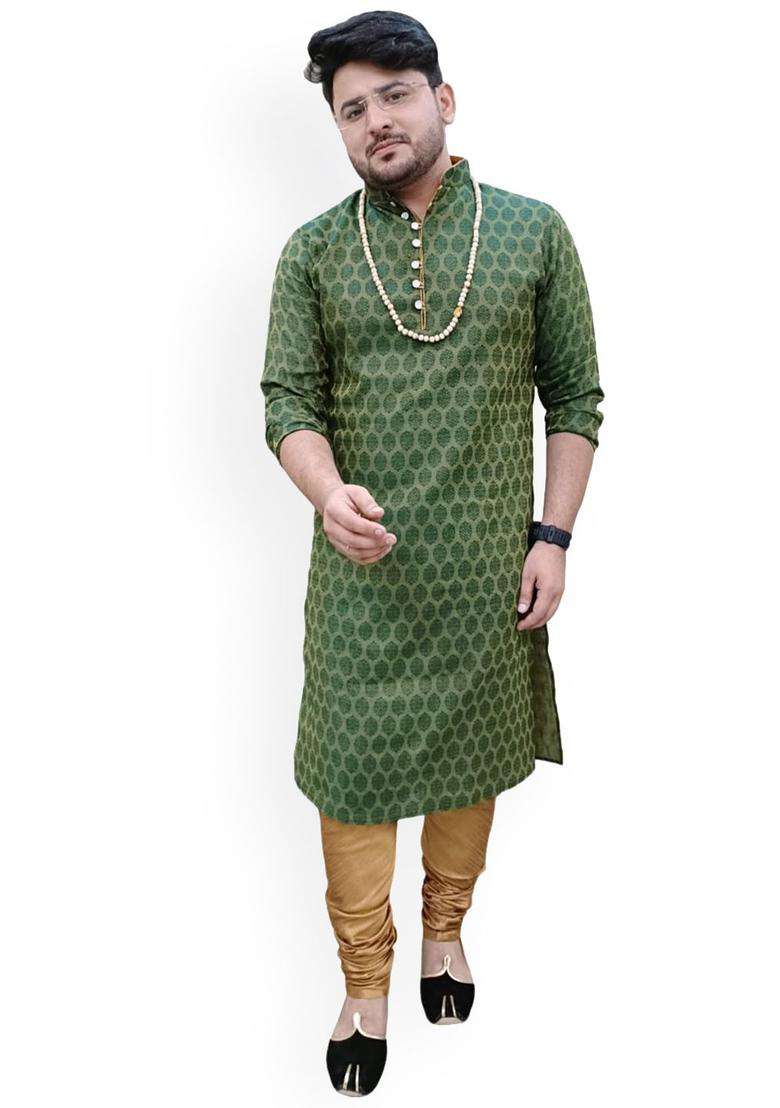 Green Woven Design Cotton Kurta Set For Men - Indya