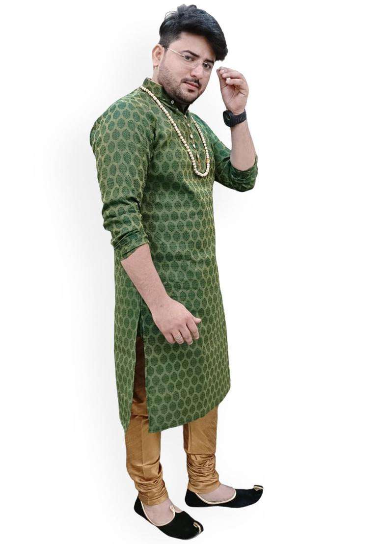 Green Woven Design Cotton Kurta Set For Men - Indya