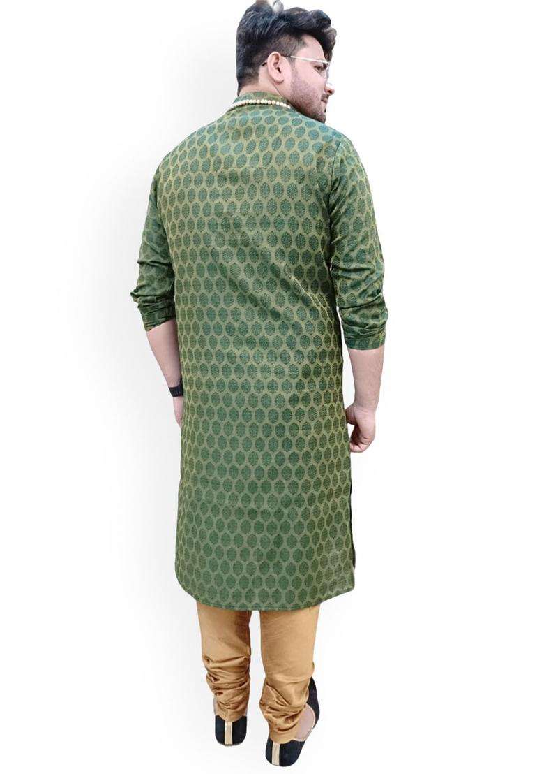 Green Woven Design Cotton Kurta Set For Men - Indya