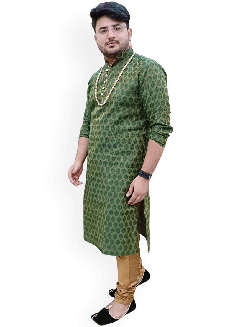 Green Woven Design Cotton Kurta Set For Men - Indya