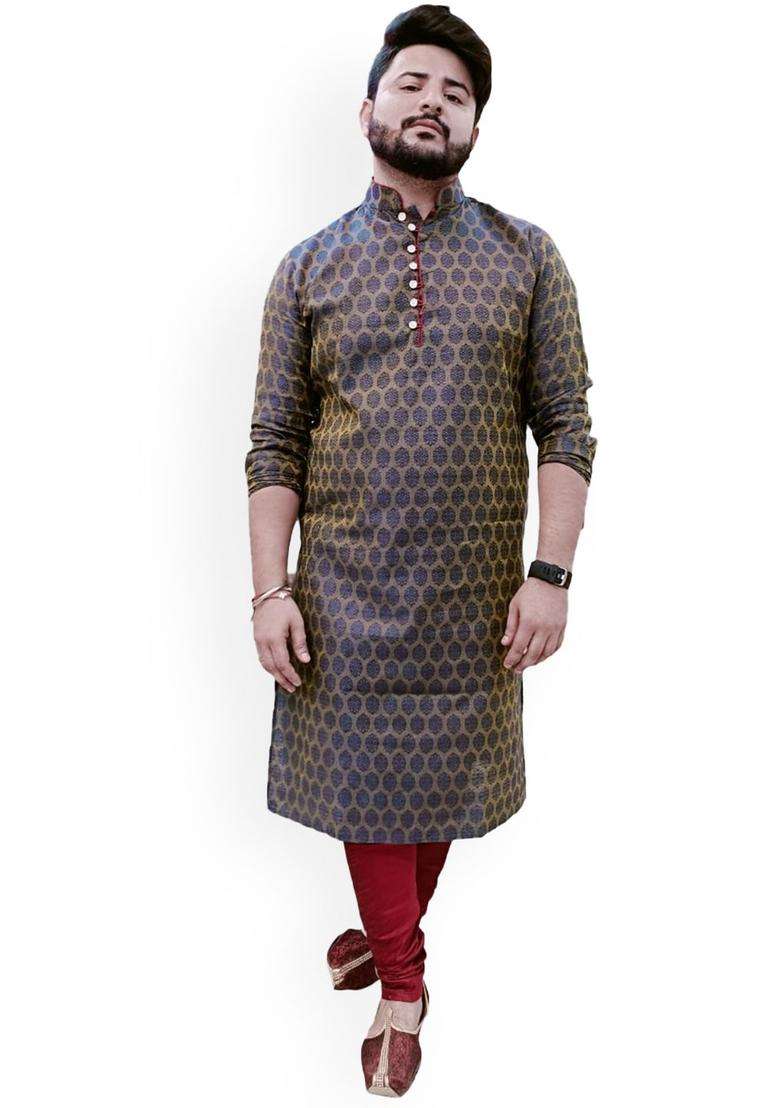 Navy Blue Woven Design Cotton Kurta Set For Men - Indya