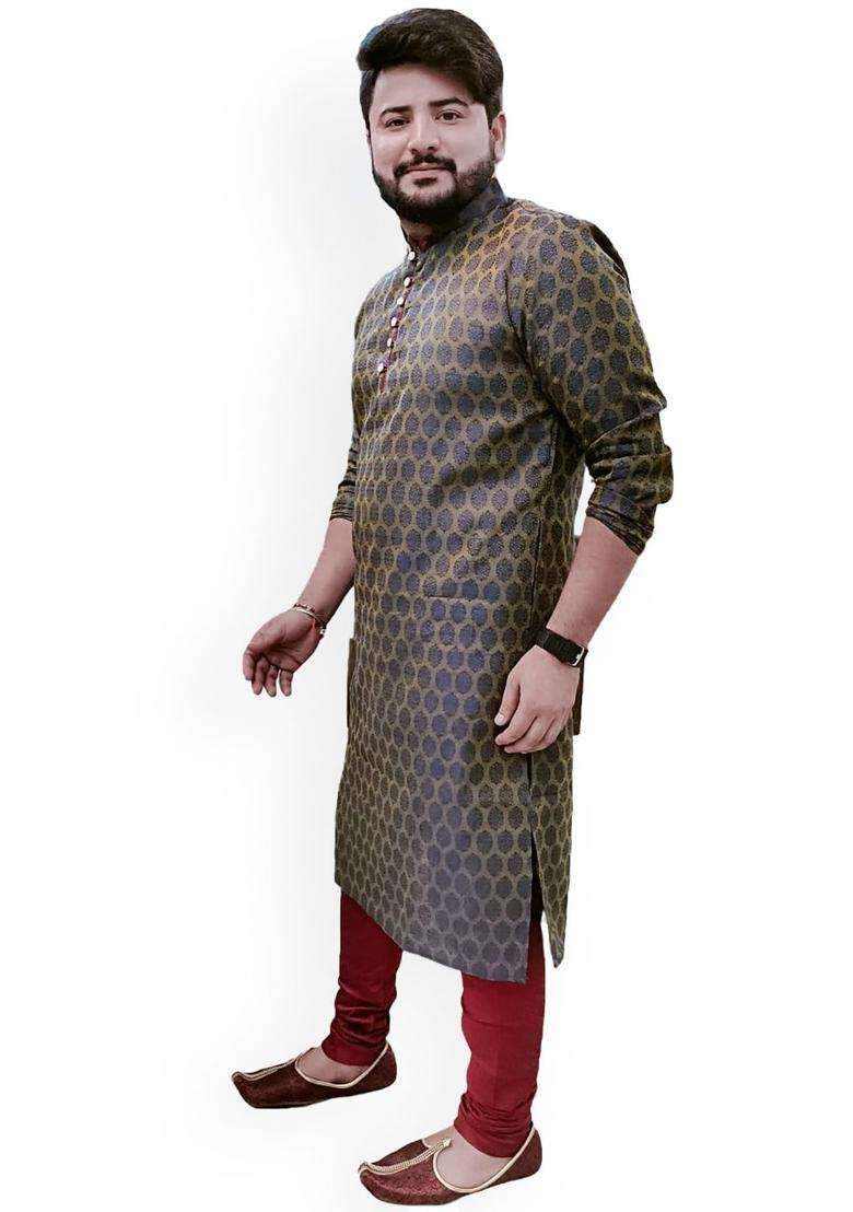 Navy Blue Woven Design Cotton Kurta Set For Men - Indya