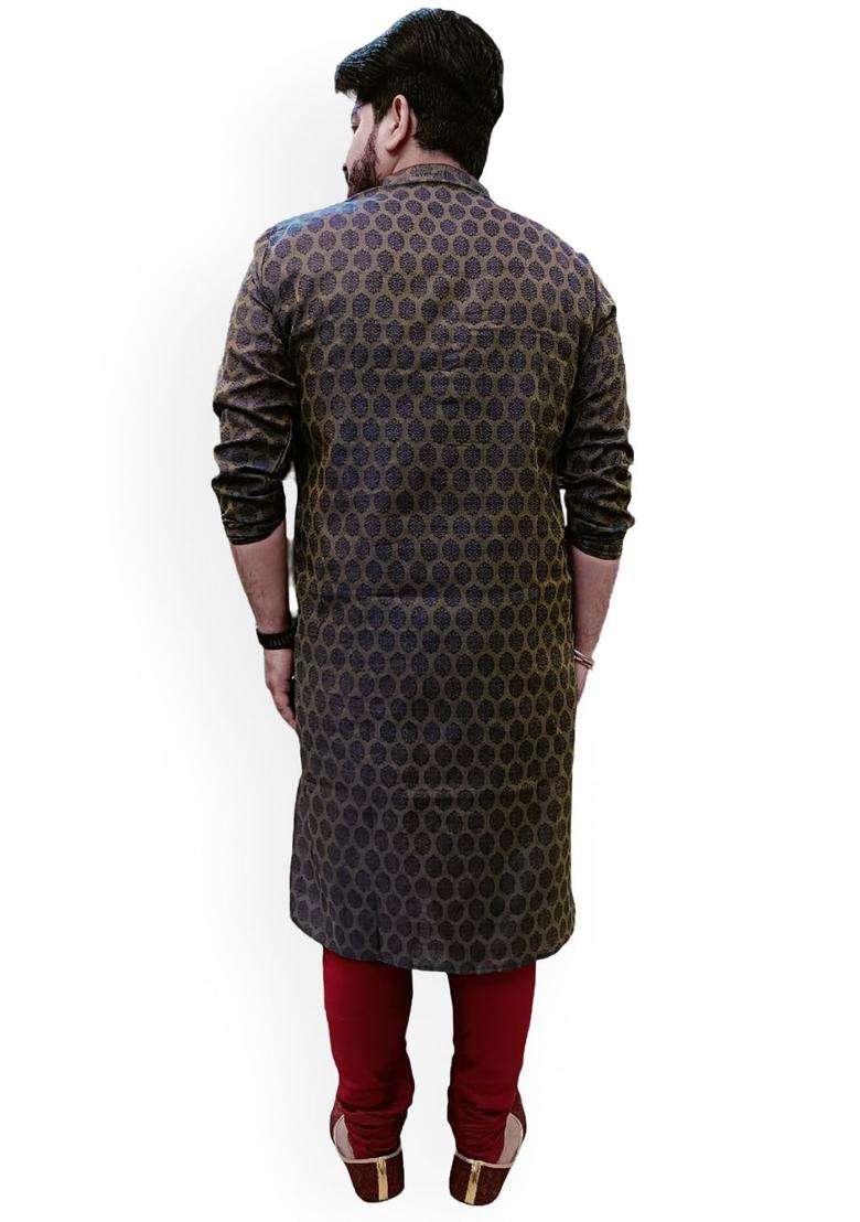 Navy Blue Woven Design Cotton Kurta Set For Men - Indya