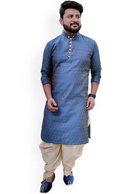 Blue Woven Design Cotton Kurta Set For Men