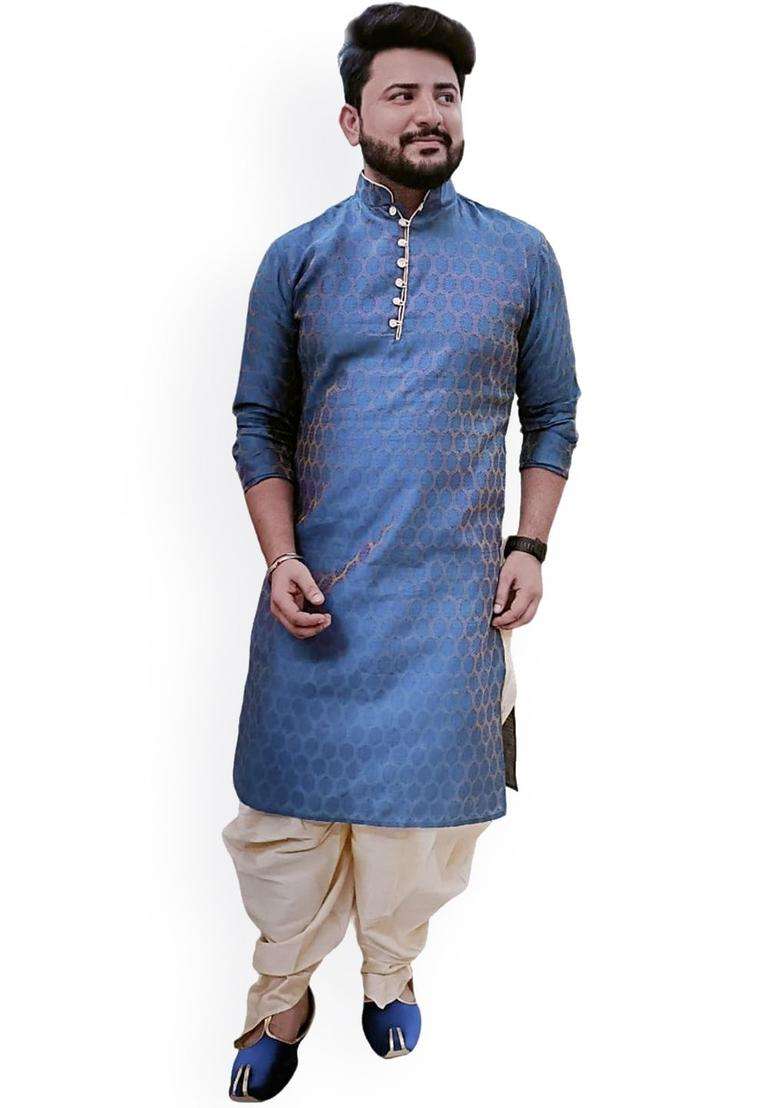 Blue Woven Design Cotton Kurta Set For Men - Indya