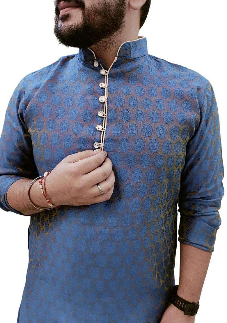 Blue Woven Design Cotton Kurta Set For Men - Indya