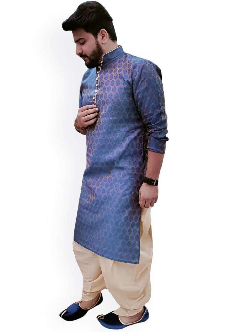 Blue Woven Design Cotton Kurta Set For Men - Indya