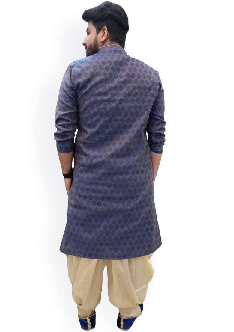 Blue Woven Design Cotton Kurta Set For Men - Indya