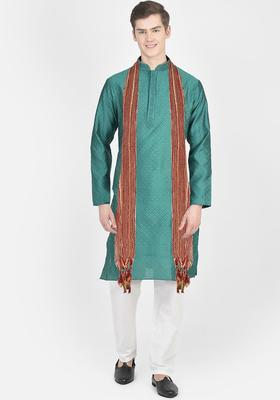 Turquoise Blue Woven Design Silk Kurta Set For Men