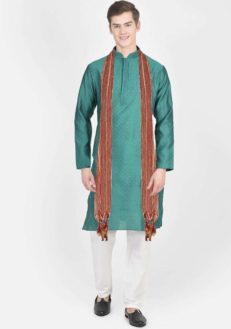 Turquoise Blue Woven Design Silk Blend Kurta Set For Men - Indya