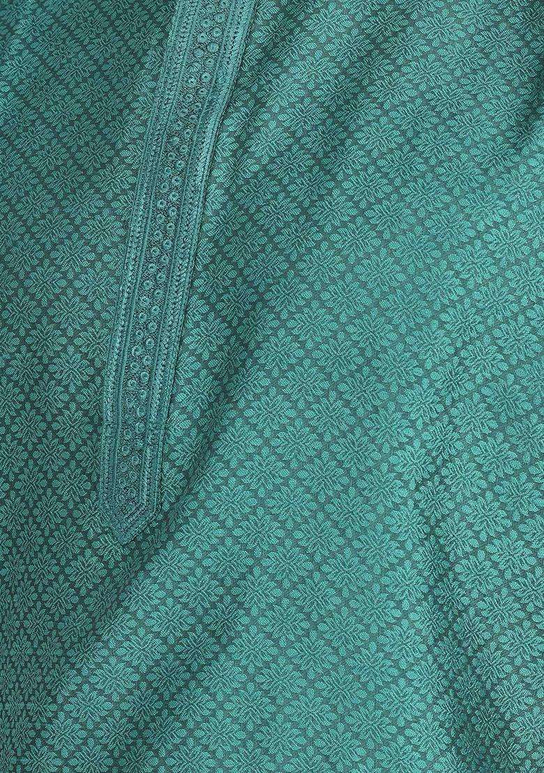Turquoise Blue Woven Design Silk Blend Kurta Set For Men - Indya