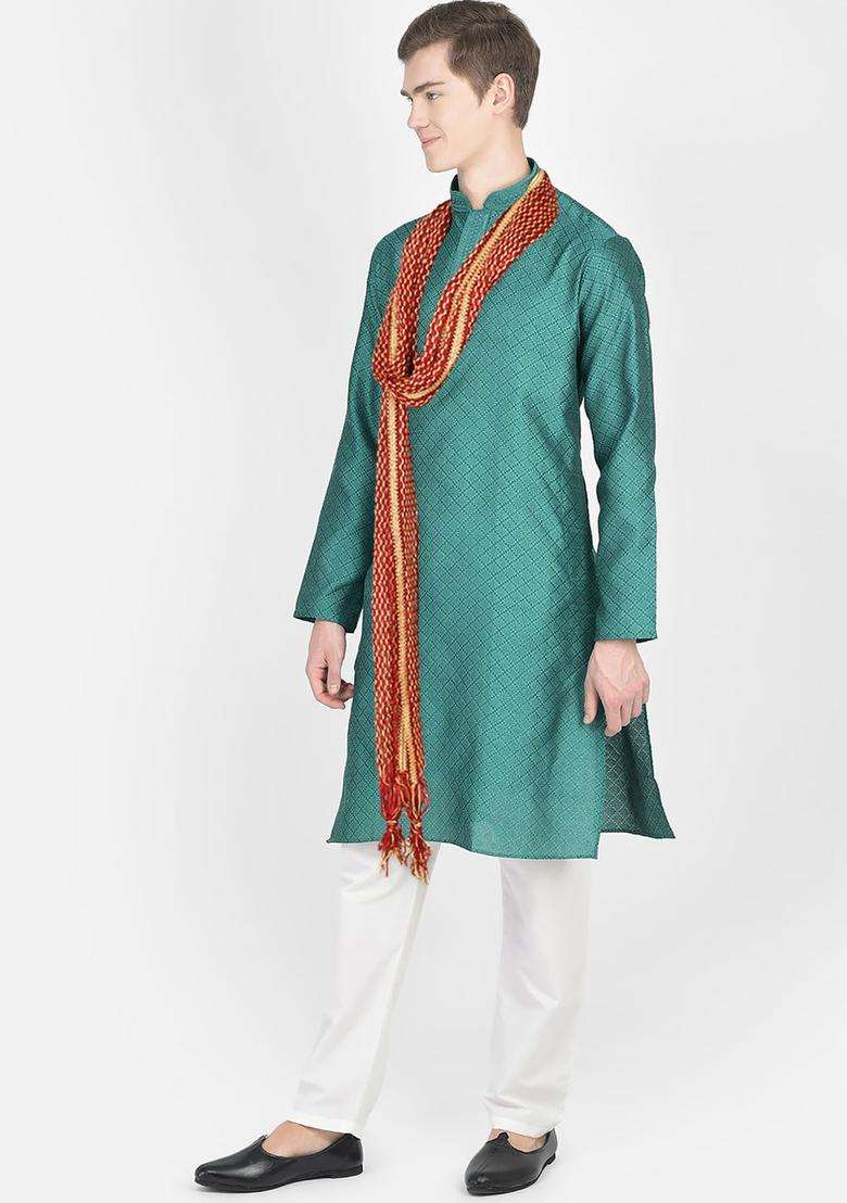 Turquoise Blue Woven Design Silk Blend Kurta Set For Men - Indya