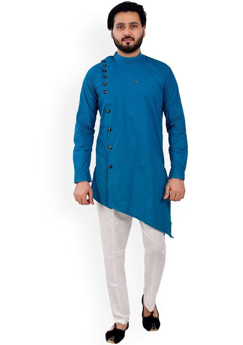 Turquoise Blue Solid Cotton Kurta Set For Men - Indya