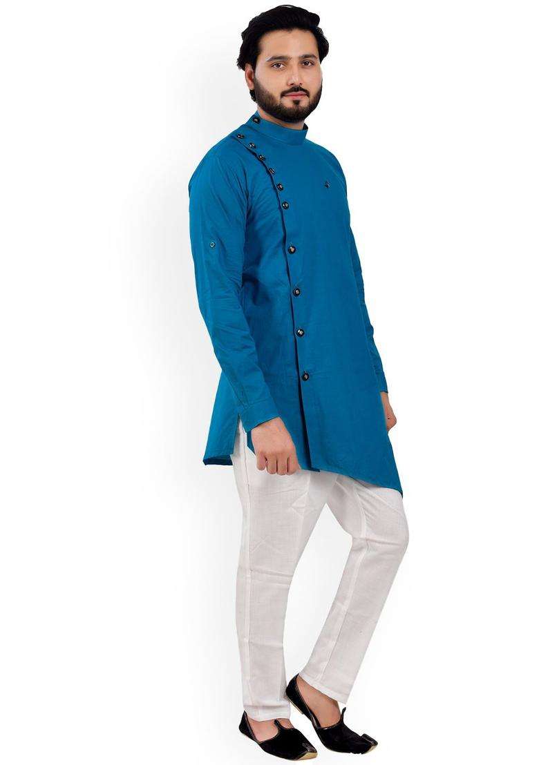 Turquoise Blue Solid Cotton Kurta Set For Men - Indya