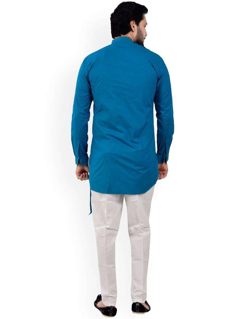 Turquoise Blue Solid Cotton Kurta Set For Men - Indya