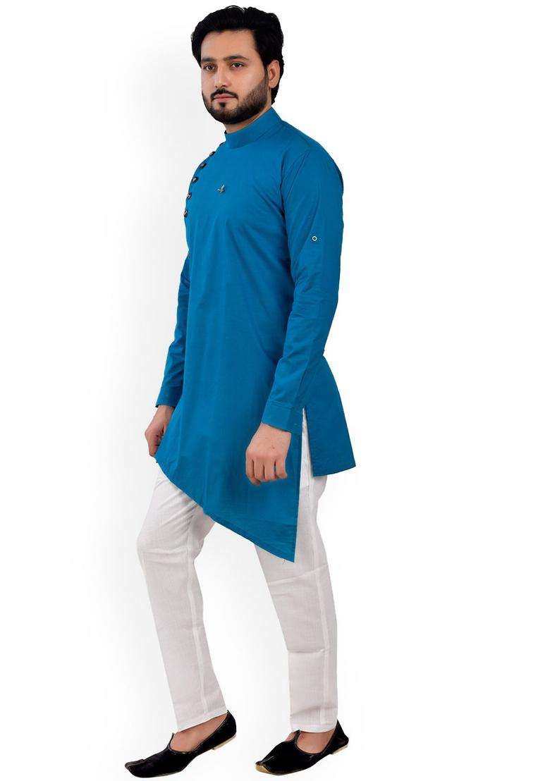 Turquoise Blue Solid Cotton Kurta Set For Men - Indya