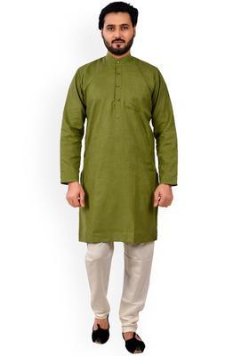 Green Solid Cotton Kurta Set For Men