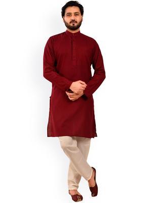 Maroon Solid Cotton Kurta Set For Men