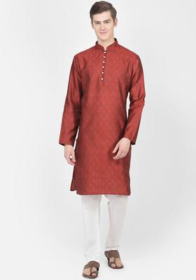 Maroon Woven Design Silk Kurta Set For Men