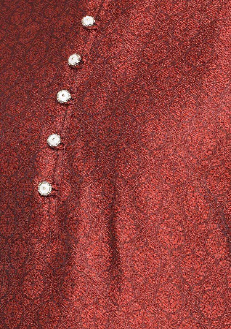 Maroon Woven Design Silk Blend Kurta Set For Men - Indya