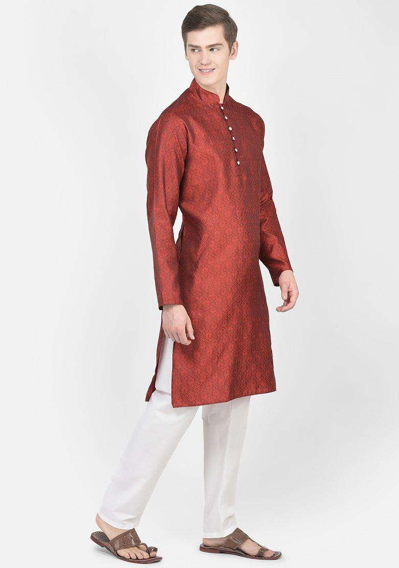 Maroon Woven Design Silk Blend Kurta Set For Men - Indya
