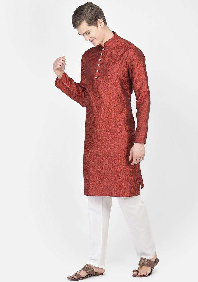 Maroon Woven Design Silk Blend Kurta Set For Men - Indya