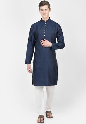 Navy Blue Woven Design Silk Kurta Set For Men