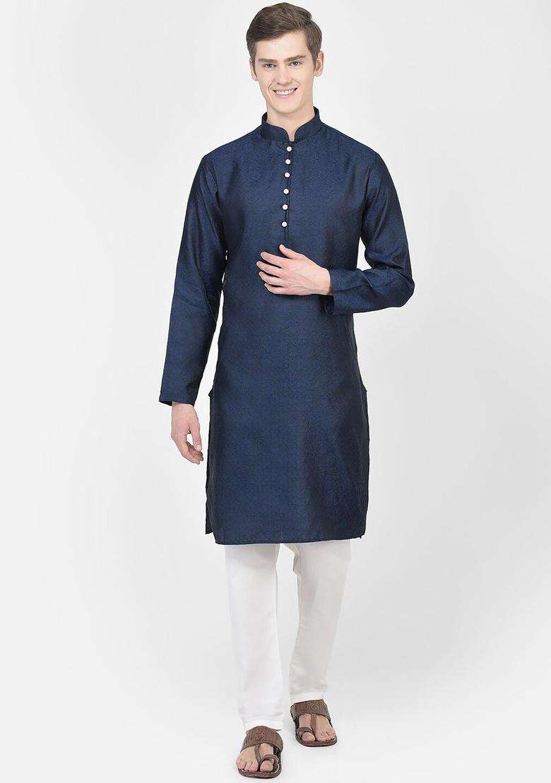 Navy Blue Woven Design Silk Blend Kurta Set For Men - Indya