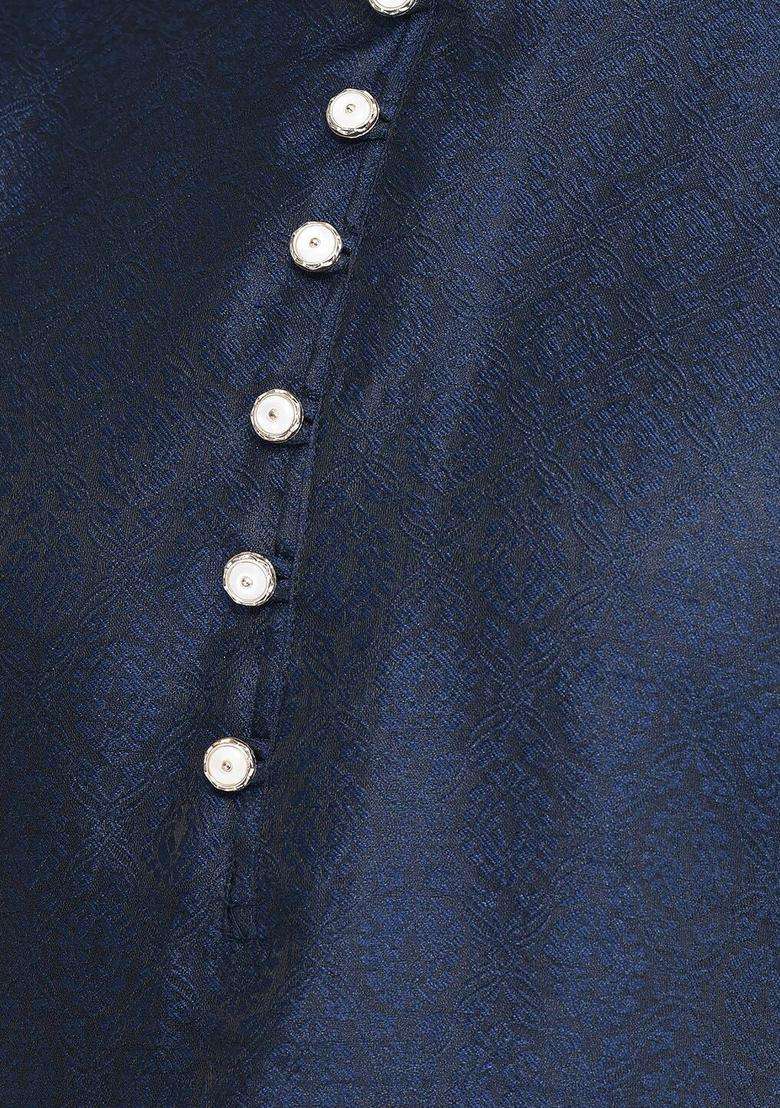 Navy Blue Woven Design Silk Blend Kurta Set For Men - Indya