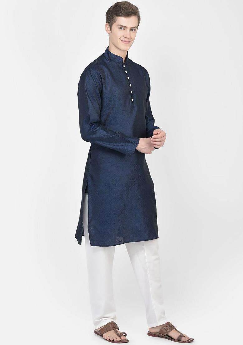 Navy Blue Woven Design Silk Blend Kurta Set For Men - Indya