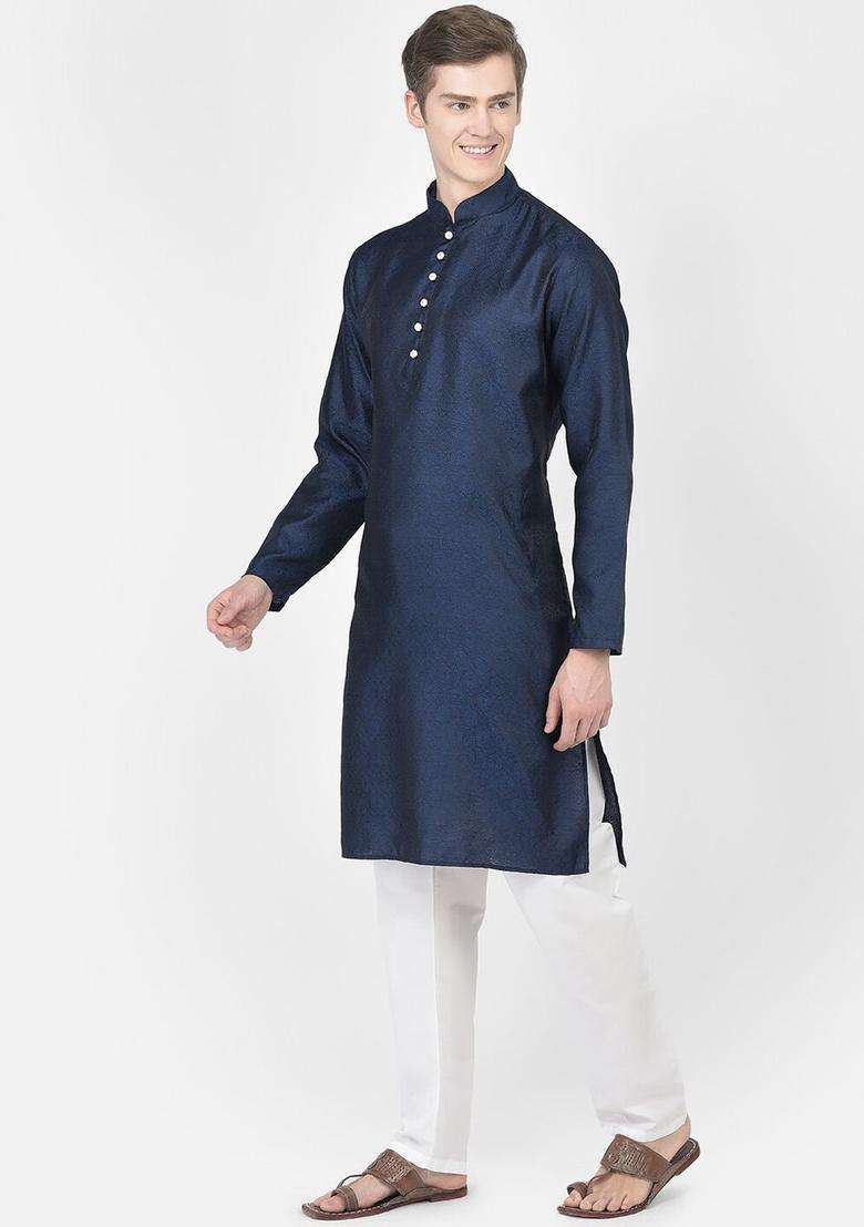 Navy Blue Woven Design Silk Blend Kurta Set For Men - Indya