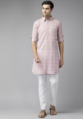 Beige Printed Cotton Kurta Set For Men