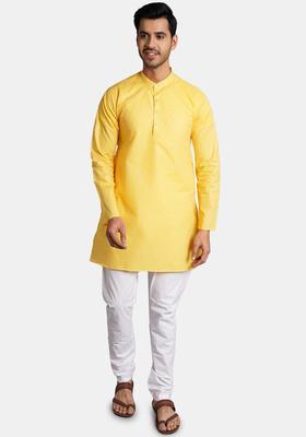 Yellow Solid Silk Kurta Set For Men