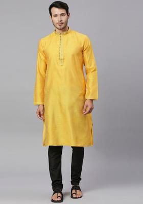 Yellow Woven Design Silk Kurta Set For Men