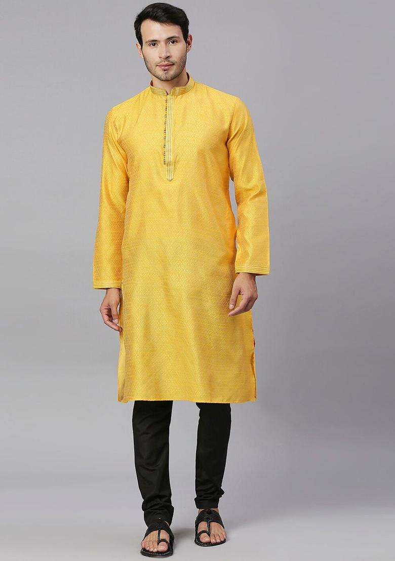 Yellow Woven Design Silk Blend Kurta Set For Men - Indya