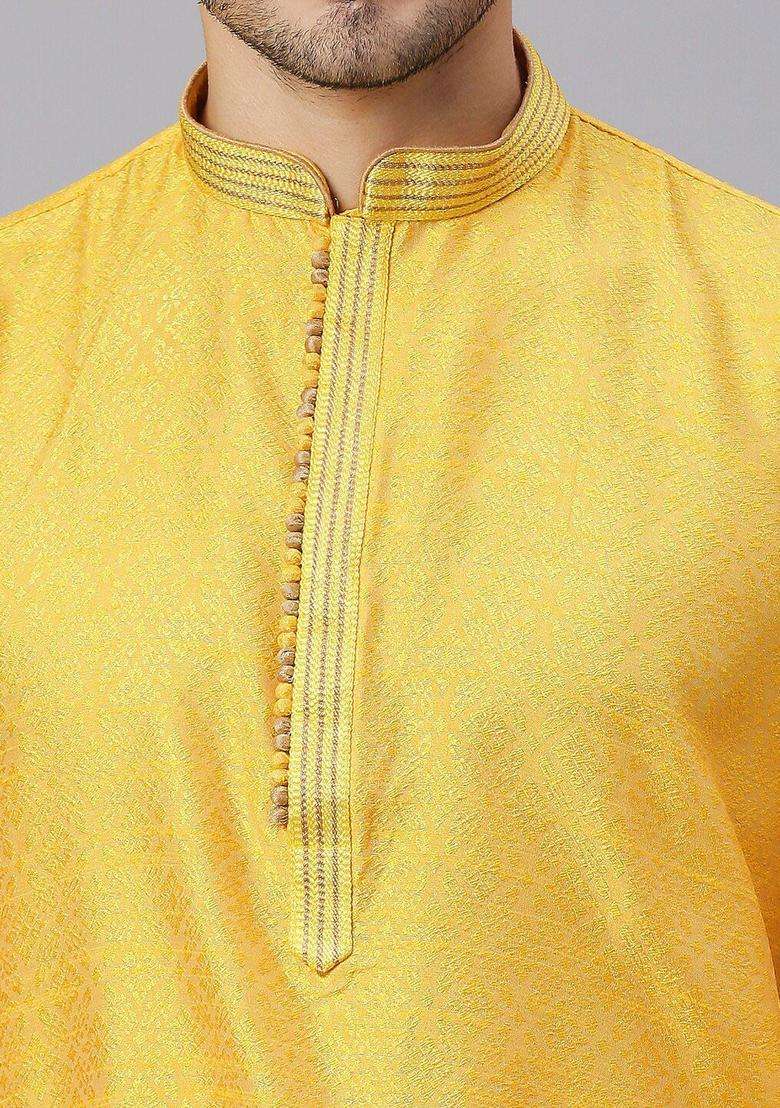Yellow Woven Design Silk Blend Kurta Set For Men - Indya