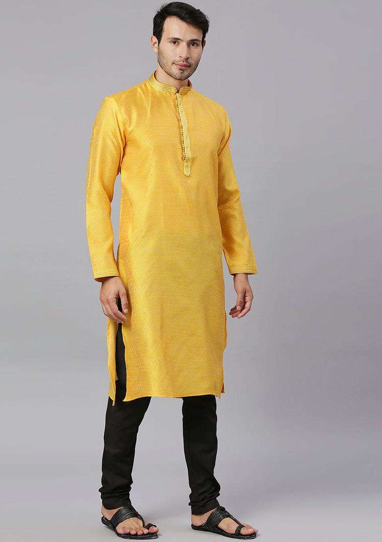Yellow Woven Design Silk Blend Kurta Set For Men - Indya