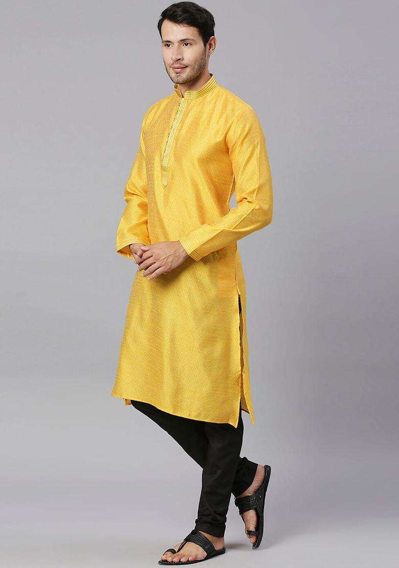 Yellow Woven Design Silk Blend Kurta Set For Men - Indya