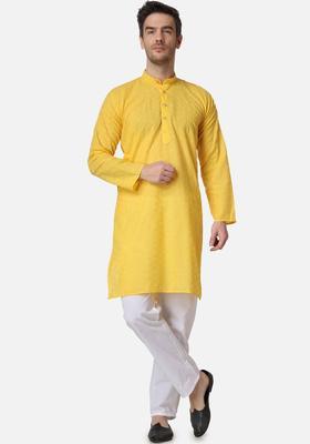Yellow Embroidered Cotton Kurta Set For Men