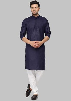 Navy Blue Solid Cotton Kurta Set For Men