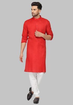 Red Solid Cotton Kurta Set For Men