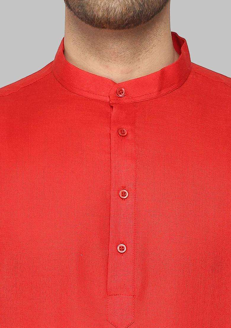 Red Solid Cotton Kurta Set For Men - Indya