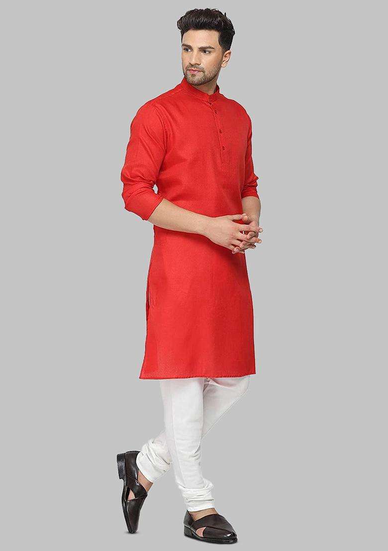 Red Solid Cotton Kurta Set For Men - Indya