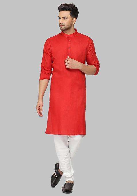 Red Solid Cotton Kurta Set For Men