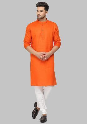 Orange Solid Cotton Kurta Set For Men